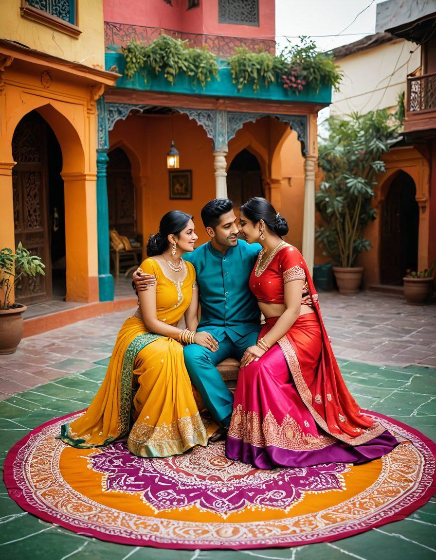 A vibrant and colorful collage depicting diverse South Asian couples enjoying intimate moments together, surrounded by traditional and modern cultural symbols like rangoli patterns and urban cityscapes. The scene should convey warmth, connection, and openness in exploring desi dating and intimacy. Incorporate elements of nature, such as lush greenery, to symbolize growth and understanding. super-realistic. vibrant colors. artistic blend of tradition and modernity.