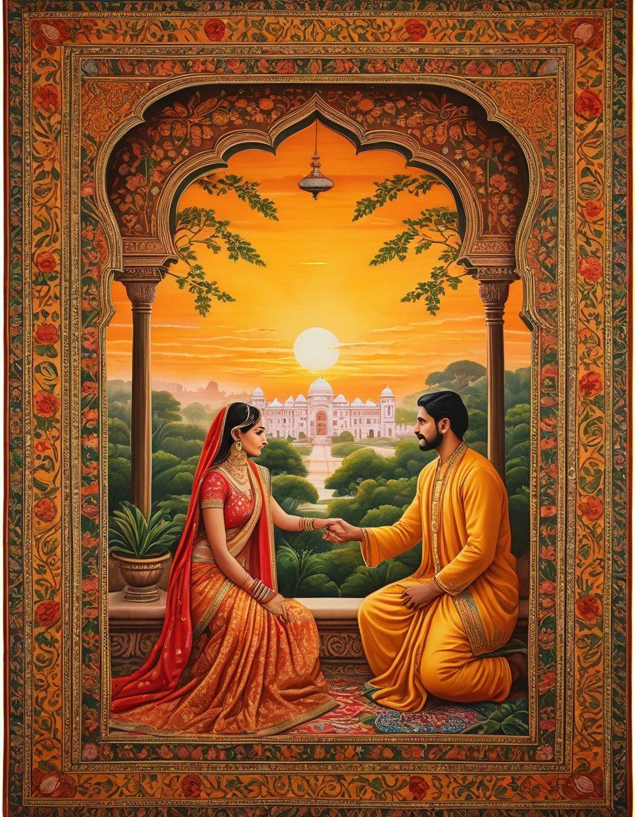 A vibrant tapestry depicting intertwined hearts and cultural symbols representing Desi heritage, surrounded by lush greenery and warm, soft lighting. Silhouettes of loving couples sharing intimate moments, encapsulating various expressions of affection and connection. Incorporate elements of traditional Indian art and motifs, with a backdrop of an intricate palace or a sunset. super-realistic. vibrant colors. warm tones.
