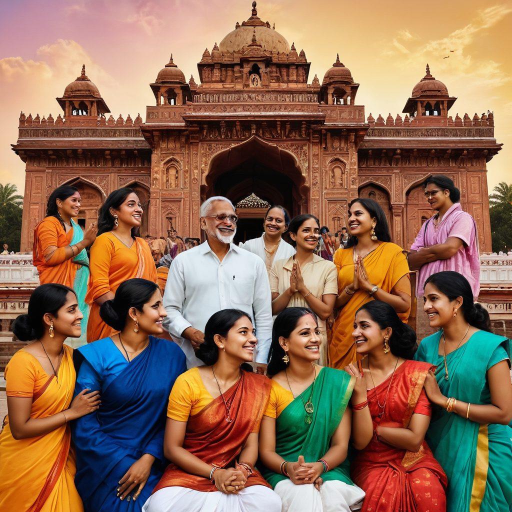 A diverse group of individuals engaging in open conversations about sexuality and relationships against a backdrop of iconic Indian architecture. They are depicted with joyful expressions, symbolizing acceptance and liberation in sexual health. Include motivational posters and traditional Indian elements to represent cultural change. The color palette should be warm and inviting to highlight positivity and inclusivity. super-realistic. vibrant colors.